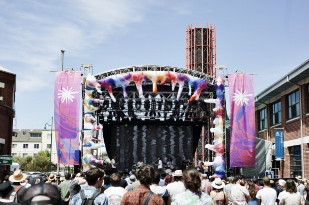 The colourful mouth of the Sugar Mountain main stage. Photograph by Andrew Bibby.