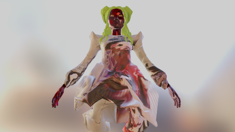 3D avatar based on Portrait XO's face. The digital avatar is shown from the knee up and from frog perspective. It is wearing a white and pink futuristic dress and has the green hair tied into two buns. 